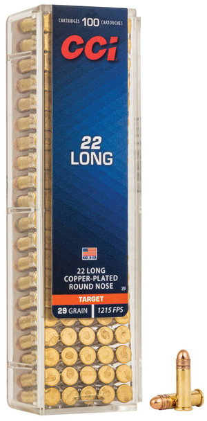 CCI 22 Long Ammunition: 22 Long, 29 Grain, Copper Plated Round Nose, 1215 fps