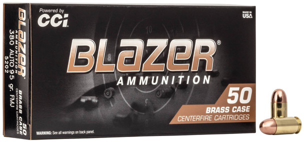 CCI Blazer Brass Ammunition: 380 Auto, 95 Grain, Full Metal Jacket, 945 fps, Qty: 50