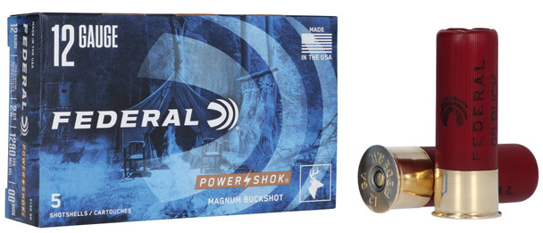 Federal Power-Shok Buckshot Ammunition: 12 Gauge, 00 Buck Shot, 2-3/4 in, 1290 fps, Qty: 5