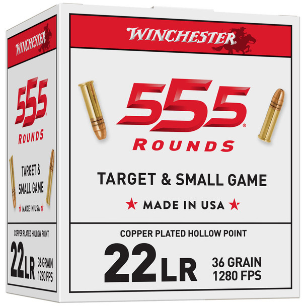 Winchester USA White Box Ammunition: 22 LR, 36 gr, HP Copper Plated, 1280 fps, Qty: 555 | 22LR555HP