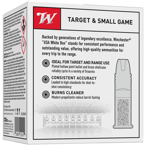 Winchester USA White Box Ammunition: 22 LR, 36 gr, HP Copper Plated, 1280 fps, Qty: 555 | 22LR555HP