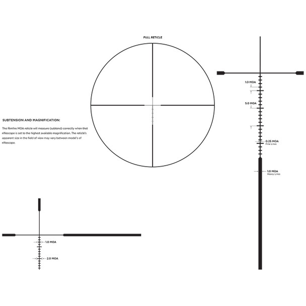 Rimfire MOA Reticle
Proprietary Leupold® design
Based off the T-MOA® reticle
Provided hash marks in 1 MOA increments
Features 25 MOA of measurement
5 MOA hash is wider for quick reference
Thinner hash marks for rimfire specific targets
Not caliber specific
Rear (second) focal plane