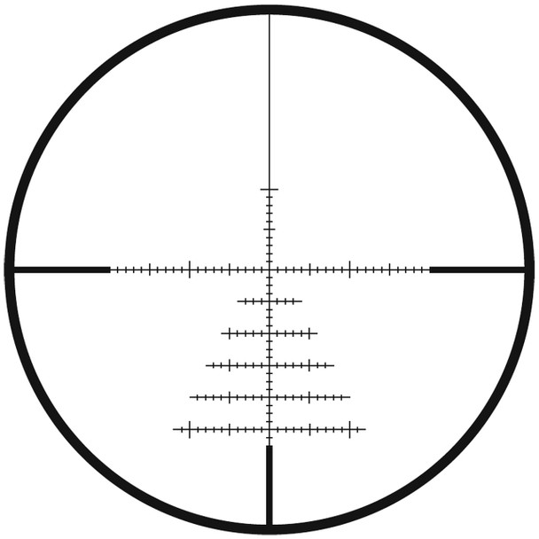 ZBR-1 (Non-Illuminated, Second Focal Plane) 
The ZEISS ZBR ballistic reticle is located in the second image plane and has a subtension of 1 MOA (ZBR-1) between the tick marks at the respective riflescope’s reference magnification. The tick marks extend in the shape of a Christmas tree over the lower half of the field of view. As such, they are suitable for quickly and simultaneously compensating for bullet drop and correcting wind drift. The ZEISS Hunting app can be used to quickly and precisely determine both values for practically any ammunition, and also displays the distance values in a visual depiction of the reticle.