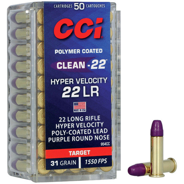 CCI Clean-22 Ammunition: Hyper Velocity 22 LR, 31 gr, Poly-Coated Lead Purple Round Nose , 1550 fps, Model 954CC