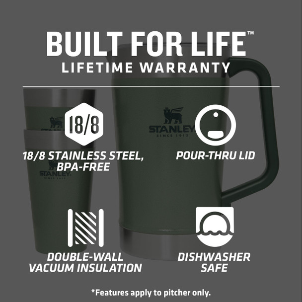Stanley Classic Stay Chill Beer Pitcher Set, 64oz | 1.9L Pitcher, 16oz | 0.47L Beer Pints: Hammertone Green