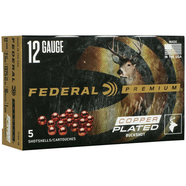 Federal Copper Plated Buckshot Ammunition: 12 Gauge, 2-3/4", 1 Buck, 16 Pellets, 1325 fps, Model P154 1B