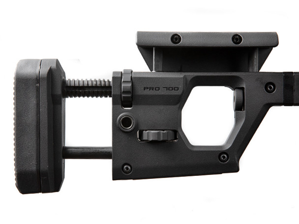 ADJUSTABLE TO YOUR NEEDS

Overall LOP adjustment range is 13.25" - 15.125"

Comb height adjustment has a 1" range with a secondary locking knob to eliminate movement in the cheek riser

Butt pad height can be adjusted up 1.33" and down .90" and is adjustable left or right 5 degrees

Cheek riser features a 3-position fore/aft adjustment of +.375", 0" and -.375" which can also be changed for left or right side usage