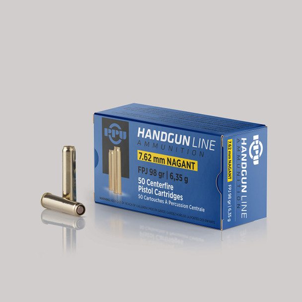 PPU Handgun Line Ammunition: 7.62 Nagant, 98 gr, FPJ, 738 fps, Qty: 50 | PPH762N