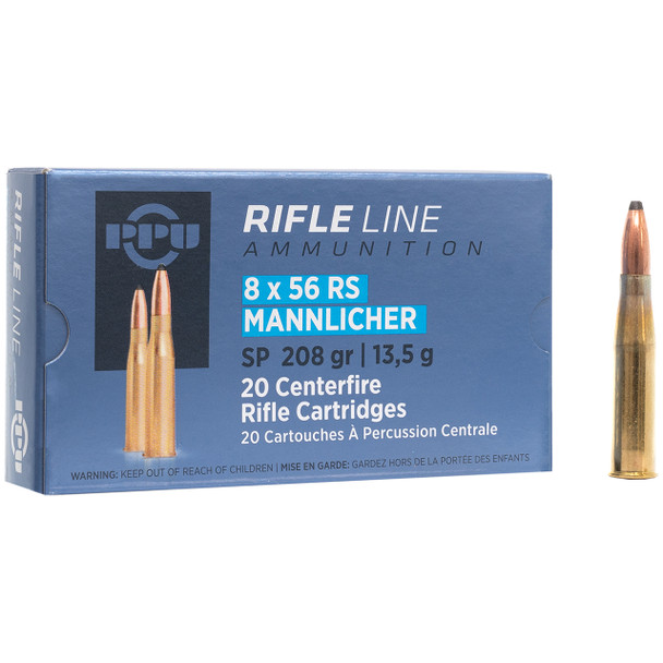 PPU (Prvi Partizan) Metric Rifle Ammunition: 8x56 RS Mannlicher, 208 gr, SP, 2300 fps, Model PP856S