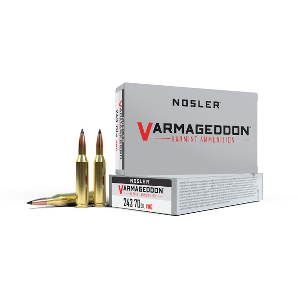 Nosler Varmageddon Ammunition: 243 Rem, 70 gr, FB Tipped, 3500 fps, Model 61029