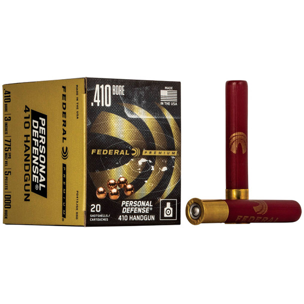 Federal Personal Defense 410 Handgun Ammunition: 410 Bore, 3", 000 Buck, Copper Plated Lead, 775 fps, Model PD413JGE 000