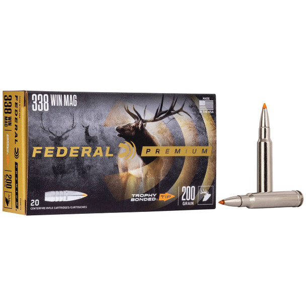 Federal Trophy Bonded Tip Ammunition: 338 Win Mag, 200 gr, Trophy Bonded Tip, 2930 fps, Model P338TT2