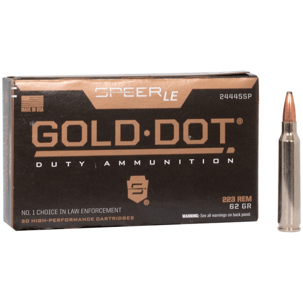 Speer LE Gold Dot Duty Rifle Ammunition: 223 Rem, 62 Grain, Gold Dot Soft Point, 3000 fps, Qty: 20 | 24445SP