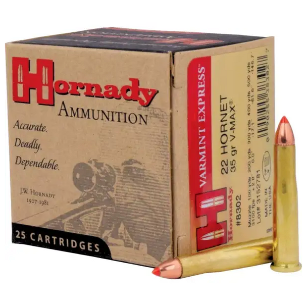 Hornady Varmint Express Ammunition: 22 Hornet, 35 gr, V-MAX, 3100 fps, Model 8302