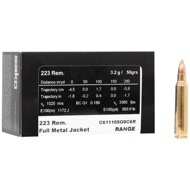 Sako Range Ammunition: 223 Rem 50 gr, FMJ, 3365 fps, Model C611105GSC6R