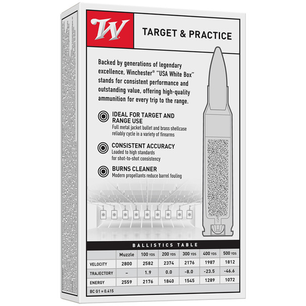 Winchester USA White Box Ammunition: 308 Win, 147 gr, FMJ, 2800 fps, Model USA3081