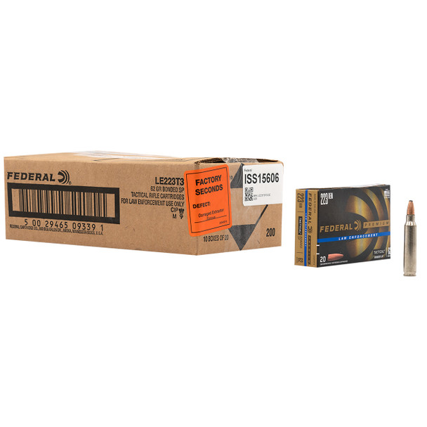 Federal Tactical Bonded, Factory Seconds, Ammunition: 223 Rem, 62 gr, Bonded SP, 3050 fps, Model LE223T3 FS-GE