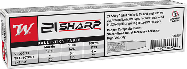 Winchester USA White Box Ammunition: 21 Sharp, 25 Grain, Copper Matrix, 1750 fps