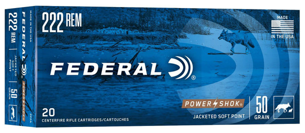 Federal Power-Shok Rifle Ammunition: 222 Rem, 50 Grain, Jacketed Soft Point, 3140 fps, Qty: 20