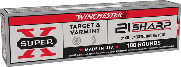 Winchester Super-X Ammunition: 21 Sharp, 34 Grain, Jacketed Hollow Point, 1500 fps