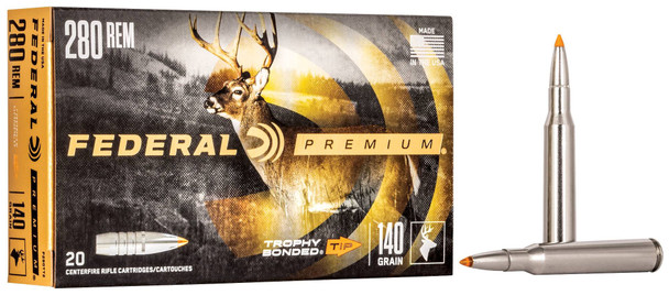 Federal Trophy Bonded Tip Ammunition: 280 Rem, 140 Grain, Trophy Bonded Tip, 2950 fps, Qty: 20