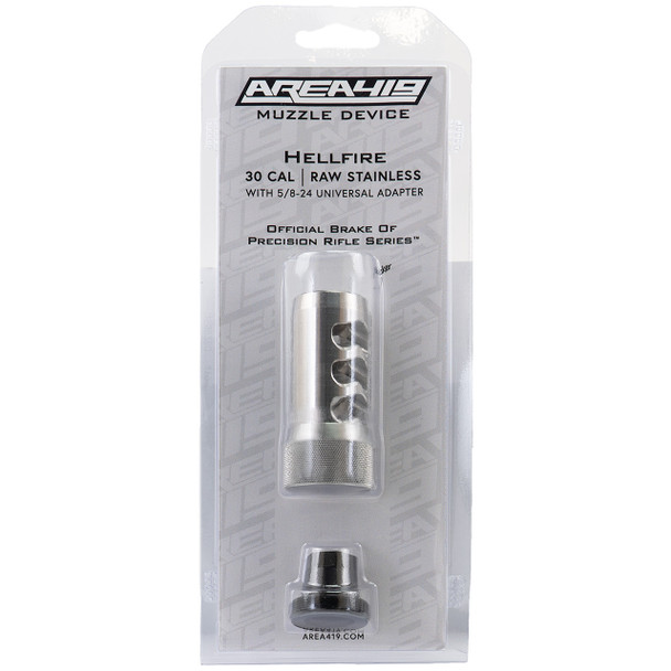 Area 419 Hellfire Self-Timing Muzzle Brake: 7mm / 30 cal, 5/8-24, Raw Stainless