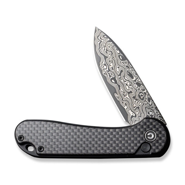 CIVIVI Button Lock Elementum II Knife: 2.96" Damascus Drop-Point Blade, Carbon Fiber On Black G10 Handle, Model C18062PB-DS1