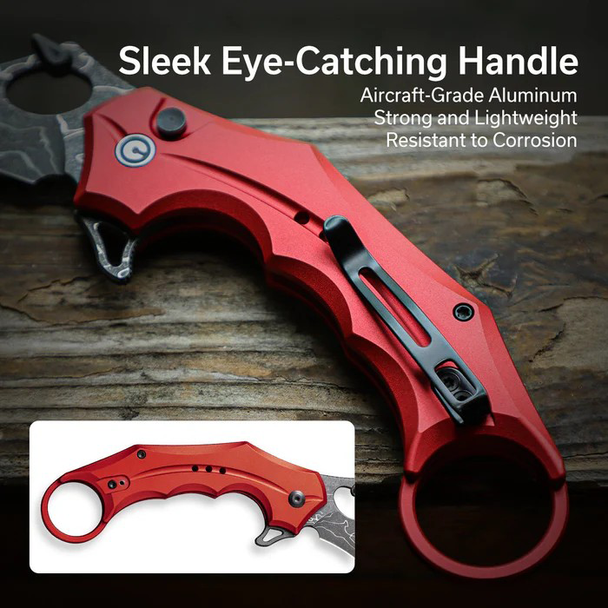 CIVIVI Incisor II Knife: 2.02", Karambit, Plain Edge Blade, Red Aluminum Handle, Model C16016B-DS1