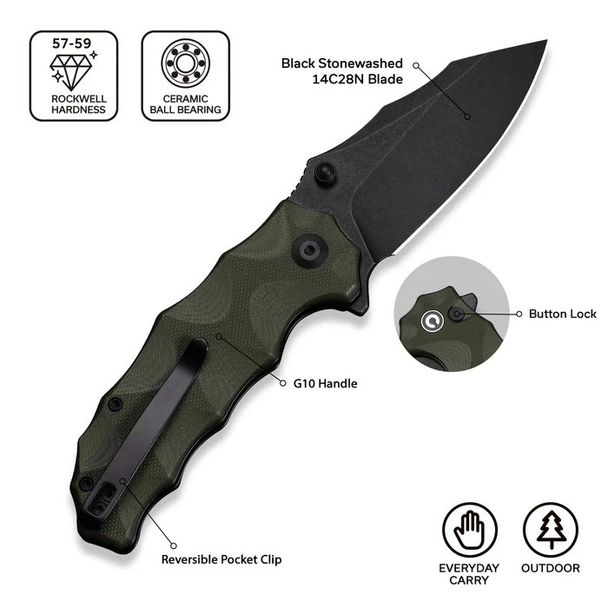 CIVIVI Natterjack Knife: 3.49", 14C28N, Clip Point, Plain Edge, Black Stonewashed Blade, Milled OD Green G10 Handle