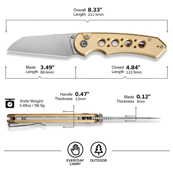 CIVIVI Pragma Prime Knife: 3.49", Wharncliffe, Satin Finished Blade, Champagne Aluminum Handle, Model C24067-3
