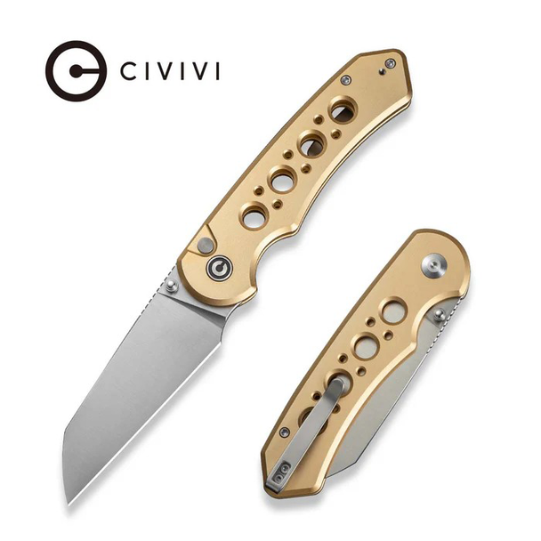CIVIVI Pragma Prime Knife: 3.49", Wharncliffe, Satin Finished Blade, Champagne Aluminum Handle, Model C24067-3