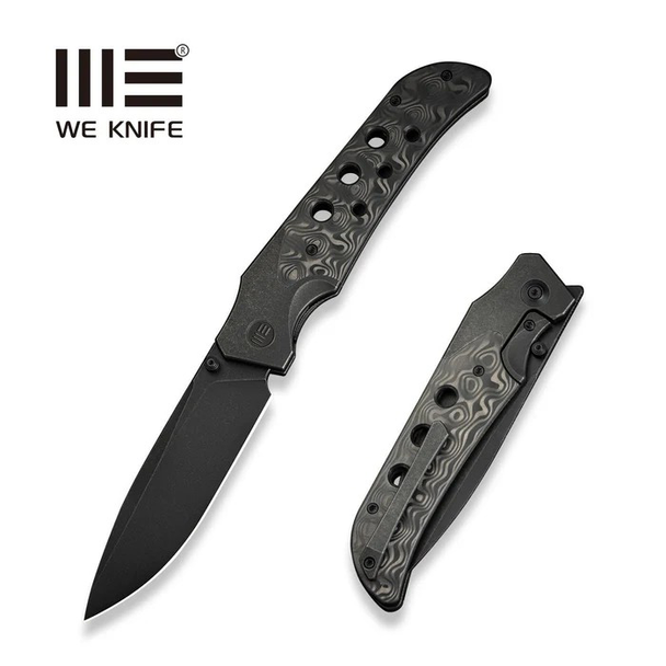 WE Knife WE-Guthrie Knife: 3.94", Drop Point, Plain Edge, Black Stonewashed Blade, Titanium w/ Rose CF Handle, Model WE23072B-1