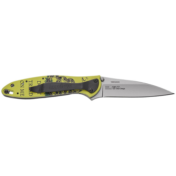 Kershaw Leek Gadsden "Don't Tread On Me" Edition Knife: 3", 14C28N Drop Point Blade, Yellow Aluminum Handle, Model 1660GADS