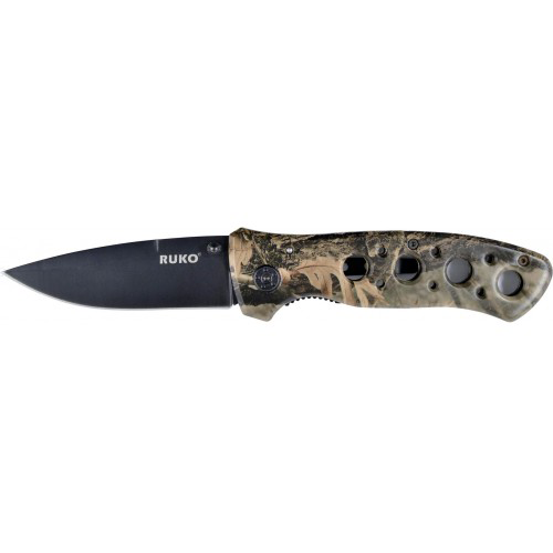 RUKO Knives Knife: 3 1/4", Plain Blade, Woodland Pattern, Rubberized, Aluminum, Vented Handle, Model RUK0075