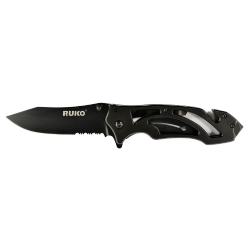RUKO Knives Knife: 3 3/8", Plain & Serrated, Black Blade, Black, Vented Handle, Model RUK0165
