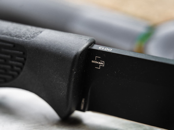 Boker H&K MP7 Personal Duty Knife: 4.44", 14C28N, Drop Point, Plain Edge, Black Blade, Black FRN Handle, Model 02HK001