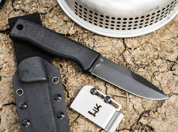 Boker H&K MP7 Personal Duty Knife: 4.44", 14C28N, Drop Point, Plain Edge, Black Blade, Black FRN Handle, Model 02HK001
