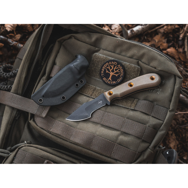 Boker Micro Tracker Knife: 3.54", 1095, Black Blade, Brown Micarta Scales, Kydex Sheath, Model 02BO076