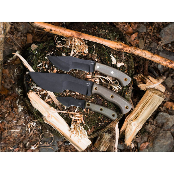 Boker Micro Tracker Knife: 3.54", 1095, Black Blade, Brown Micarta Scales, Kydex Sheath, Model 02BO076