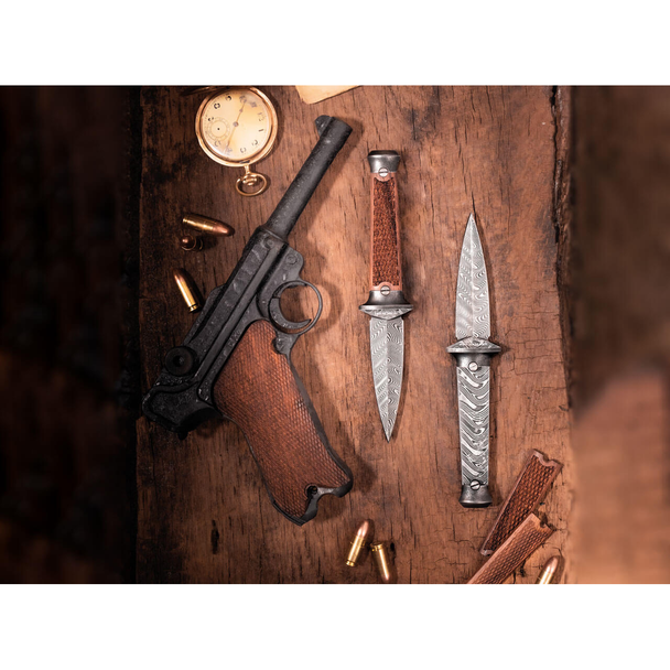 Boker P08-Damast Dagger Knife: 3.23", Damascus Blade, Rosewood Handle, Model 121515DAM