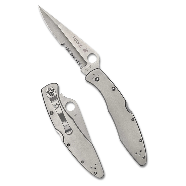 Spyderco Police Model Knife: 4.2" VG-10 Partially Serrated Edge Blade, Stainless Steel Handle, Model C07PS