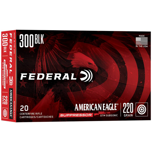 Federal American Eagle Rifle Suppressor Ammunition: 300 Blackout, 220 gr, Open Tip Match, 1000 fps, Model AE300BLKSUP2