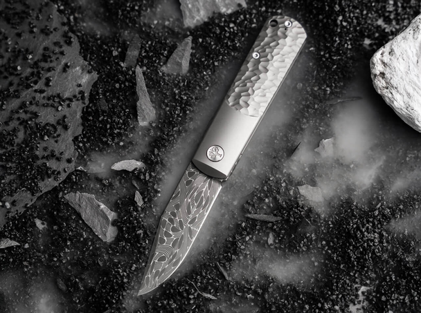 Boker BRLW Meterorite Damast Knife: 2.56" DaBokermascus, Clip Point Blade, Titanium Handle, Model 110673DAM