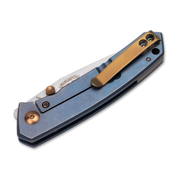 Boker Canoe Knife: 2.68", S35VN, Drop Point, Plain Edge Blade, Blue Titanium Handle, Model 01BO494