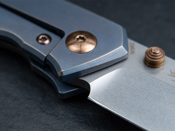 Boker Canoe Knife: 2.68", S35VN, Drop Point, Plain Edge Blade, Blue Titanium Handle, Model 01BO494