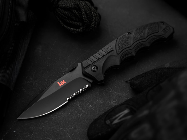 Heckler & Koch SFP Tactical Folder All Black: 3.6", D2, Drop Point, Partially Serrated, Blade, Model 01HK501