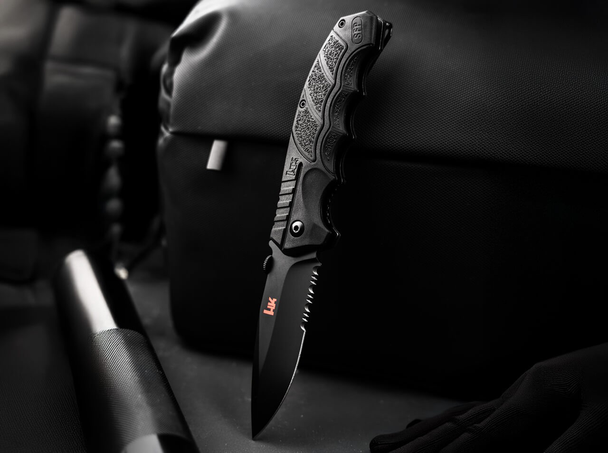 Heckler & Koch SFP Tactical Folder All Black: 3.6", D2, Drop Point, Partially Serrated, Blade, Model 01HK501