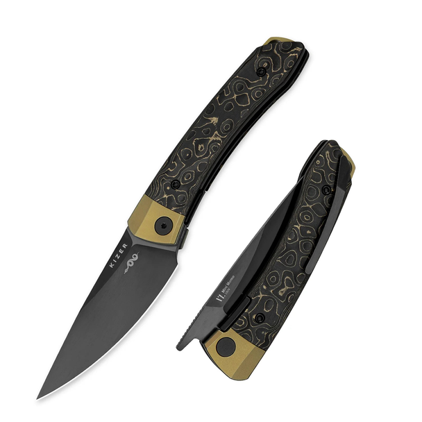 Kizer Knives Mini Momo Knife: 3.2", Plain Edge, Drop-Point, DLC Blade, Titanium & Fat Carbon Camo Gold Handle, Model KI3663A3