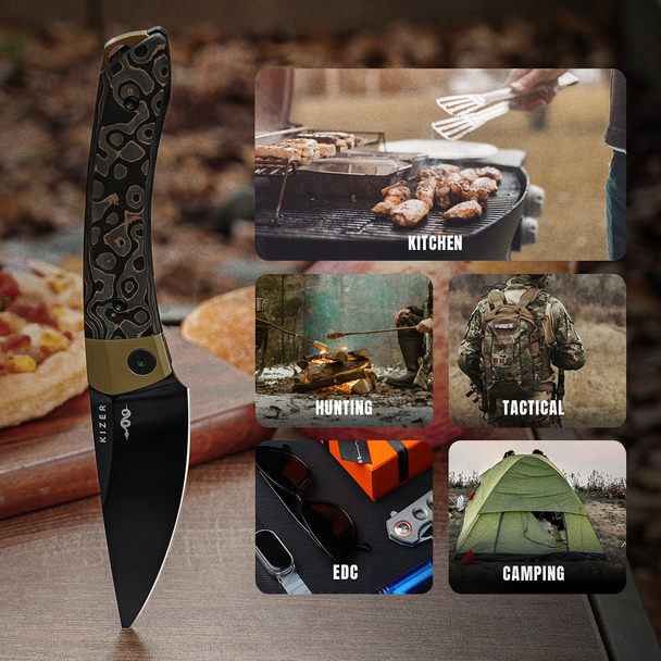 Kizer Knives Mini Momo Knife: 3.2", Plain Edge, Drop-Point, DLC Blade, Titanium & Fat Carbon Camo Gold Handle, Model KI3663A3