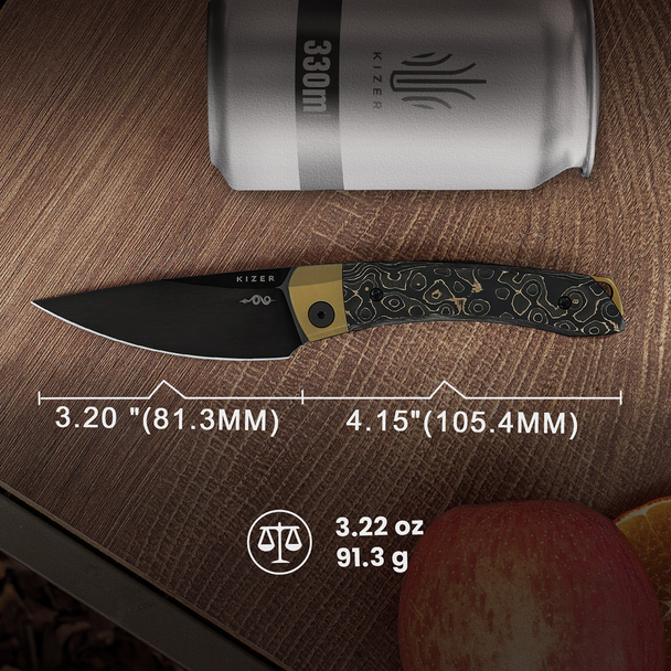 Kizer Knives Mini Momo Knife: 3.2", Plain Edge, Drop-Point, DLC Blade, Titanium & Fat Carbon Camo Gold Handle, Model KI3663A3